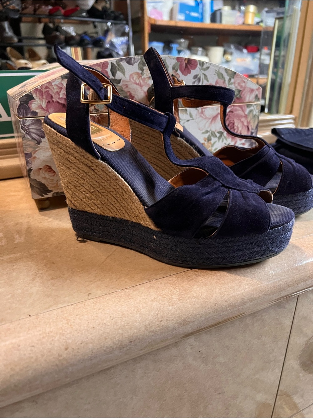 kanna Navy Suede Espadrille Wedge Sandals